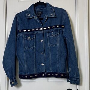 Vintage Upcycled Denim Jacket Studded Heart Trim Western Style Small